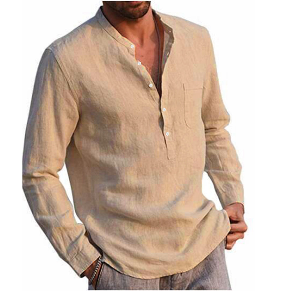 Camisas masculinas de manga comprida de algodão e linho gola alta.