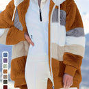 Casaco Feminino Peluciado com Capuz – Azul e Bege em Blocos de Cor