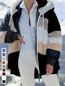 Casaco Feminino Peluciado com Capuz – Azul e Bege em Blocos de Cor