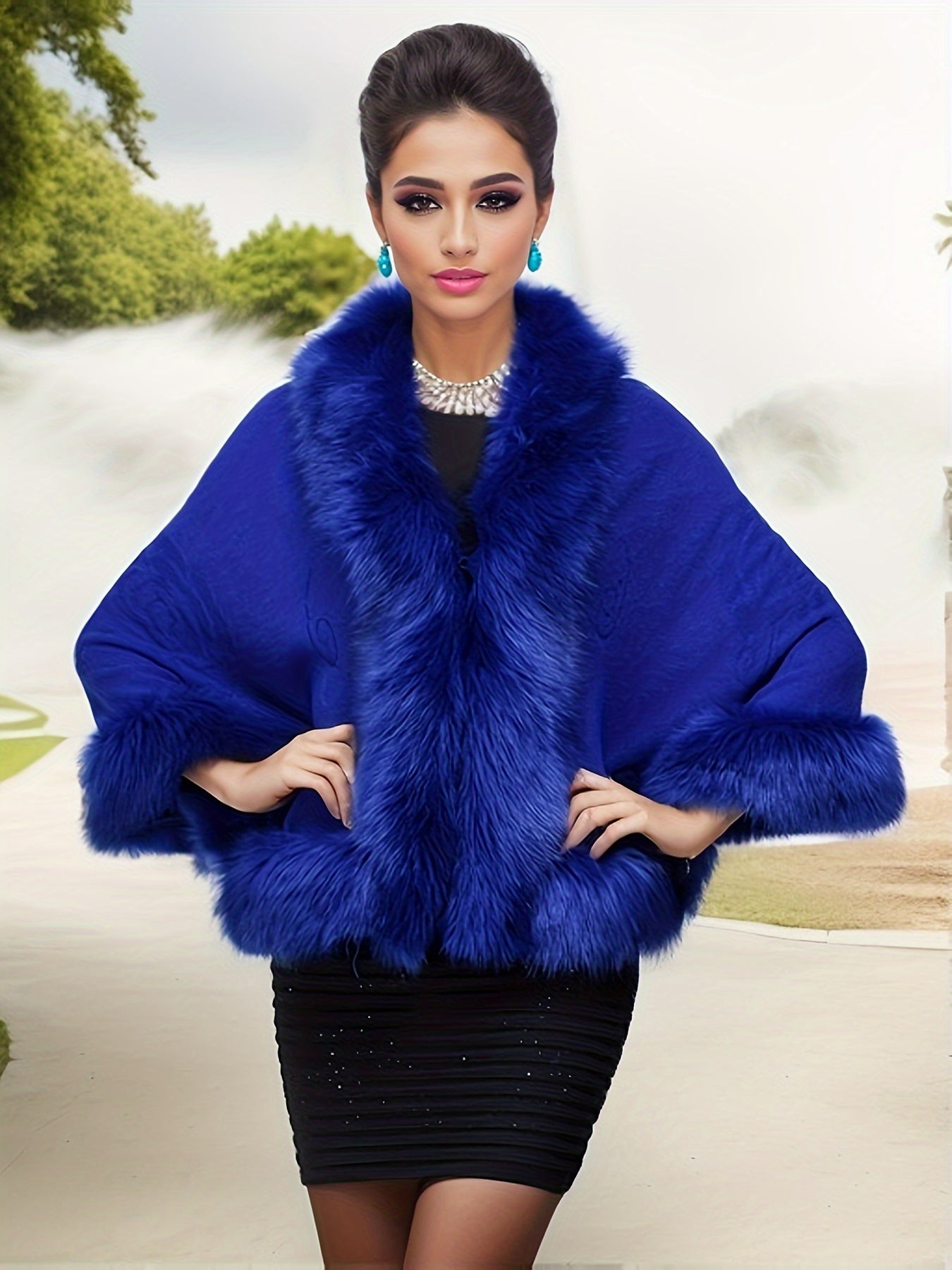 Poncho Elegante Plus Size com Acabamento em Pele Sintética – Azul Macio
