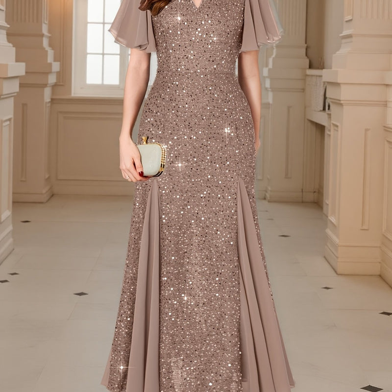 Vestido Longo Elegância com Paetês Roxos, Mangas com Babados e Decote em V