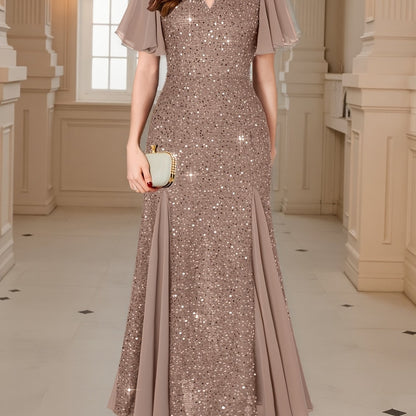 Vestido Longo Elegância com Paetês Roxos, Mangas com Babados e Decote em V