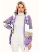 Casaco Feminino Peluciado com Capuz – Azul e Bege em Blocos de Cor