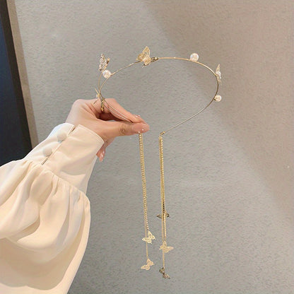 Tiara Feminina com Borboletas de Strass e Pérolas – Estilo Doce com Toque de Elegância