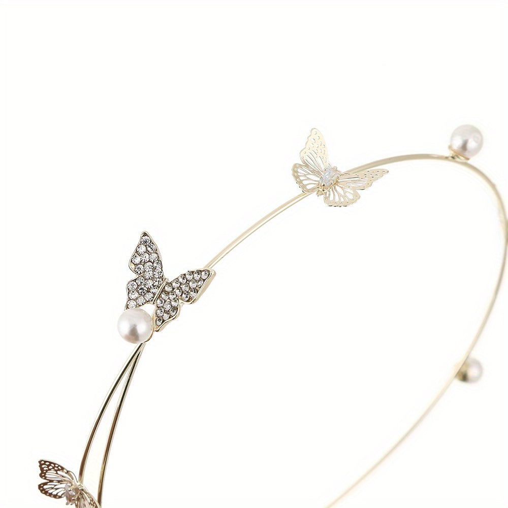 Tiara Feminina com Borboletas de Strass e Pérolas – Estilo Doce com Toque de Elegância