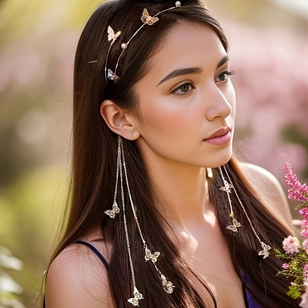 Tiara Feminina com Borboletas de Strass e Pérolas – Estilo Doce com Toque de Elegância