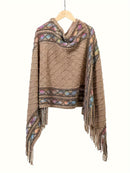 Poncho Feminino Estampado com Franjas – Malha Irregular e Decote V