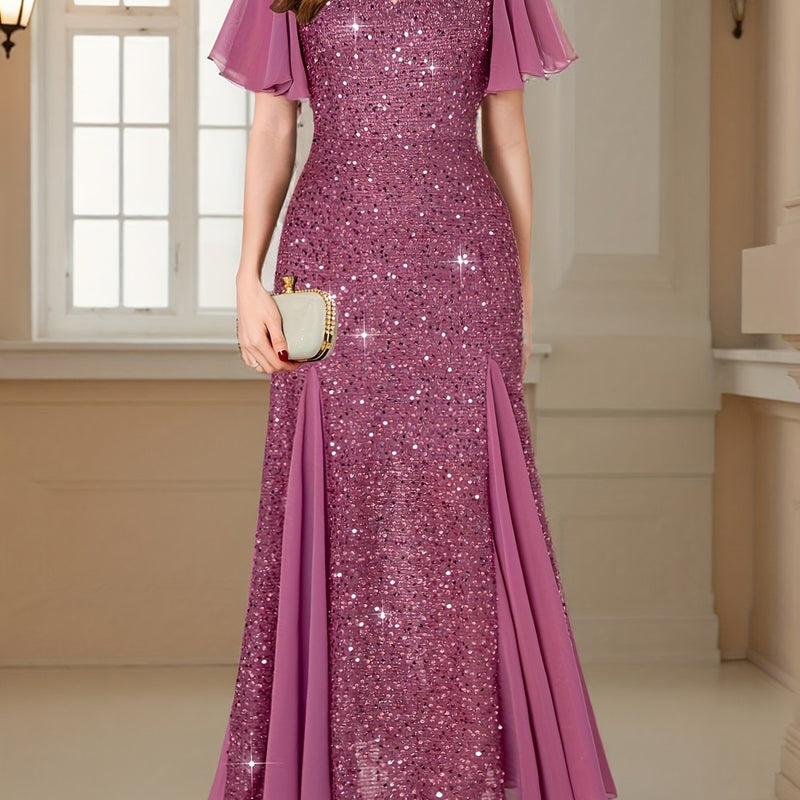 Vestido Longo Elegância com Paetês Roxos, Mangas com Babados e Decote em V