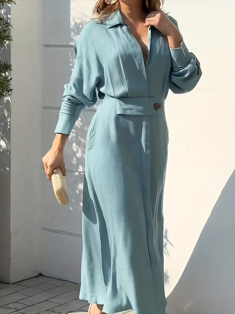 Vestido Feminino com Decote em V, Fenda e Bolsos – Elegância e Conforto para a Meia-Estação