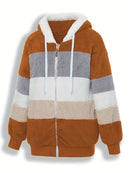 Casaco Feminino Peluciado com Capuz – Azul e Bege em Blocos de Cor