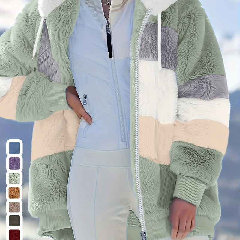 Casaco Feminino Peluciado com Capuz – Azul e Bege em Blocos de Cor