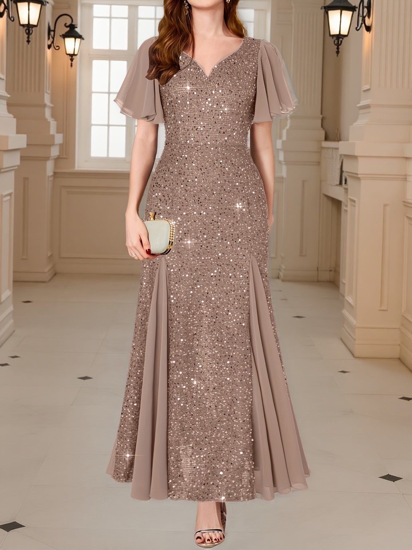 Vestido Longo Elegância com Paetês Roxos, Mangas com Babados e Decote em V