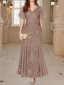 Vestido Longo Elegância com Paetês Roxos, Mangas com Babados e Decote em V