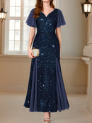 Vestido Longo Elegância com Paetês Roxos, Mangas com Babados e Decote em V