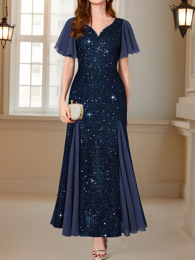 Vestido Longo Elegância com Paetês Roxos, Mangas com Babados e Decote em V
