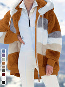 Casaco Feminino Peluciado com Capuz – Azul e Bege em Blocos de Cor