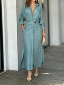 Vestido Feminino com Decote em V, Fenda e Bolsos – Elegância e Conforto para a Meia-Estação