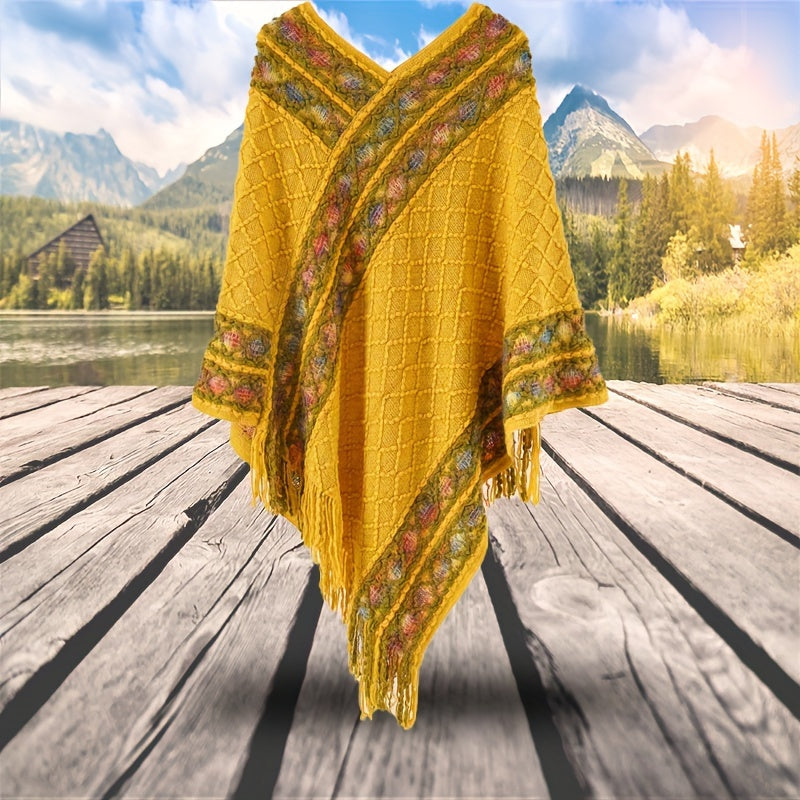 Poncho Indiano com Franjas – Malha Irregular e Decote V