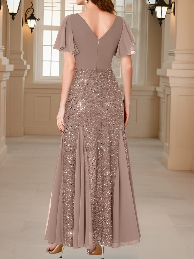 Vestido Longo Elegância com Paetês Roxos, Mangas com Babados e Decote em V