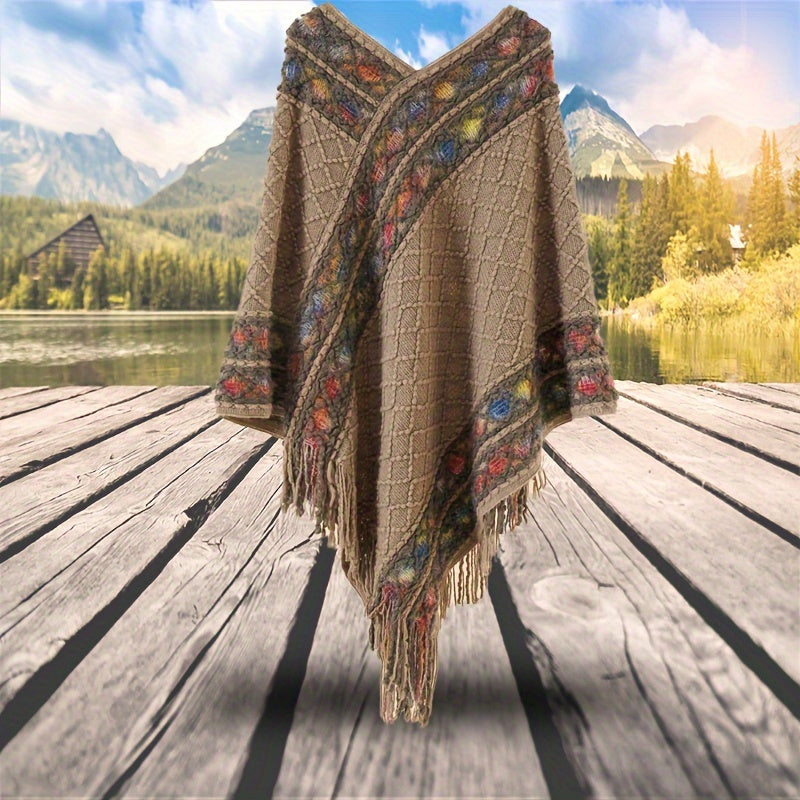 Poncho Indiano com Franjas – Malha Irregular e Decote V