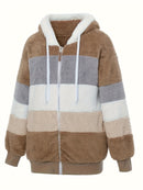 Casaco Feminino Peluciado com Capuz – Azul e Bege em Blocos de Cor
