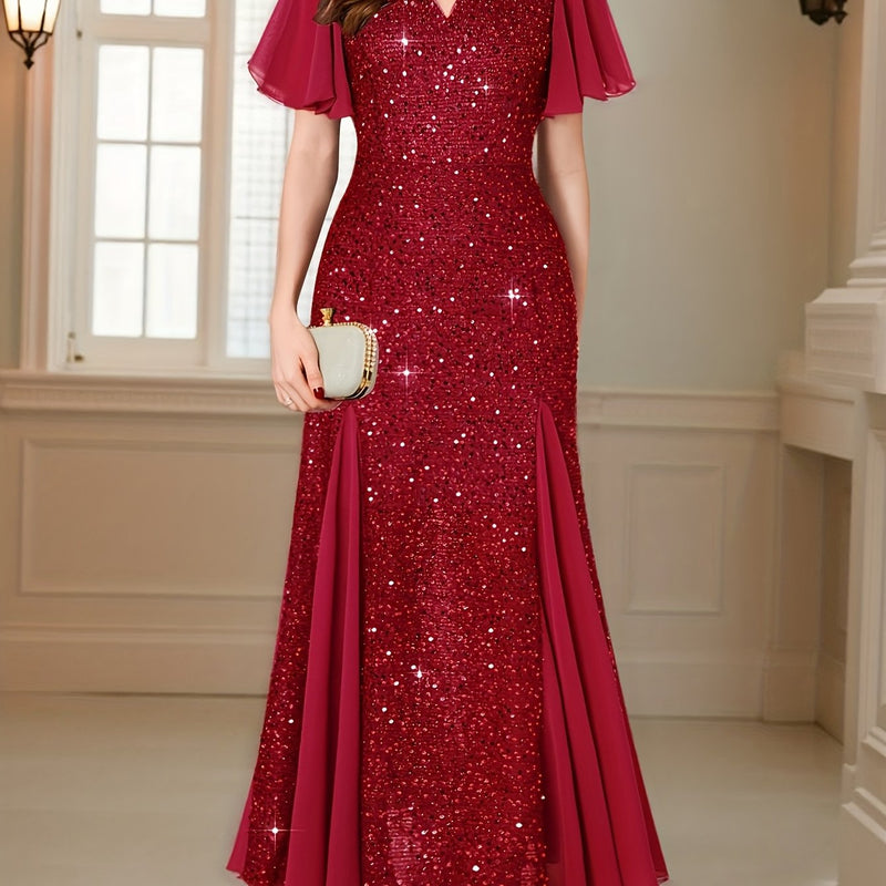 Vestido Longo Elegância com Paetês Roxos, Mangas com Babados e Decote em V