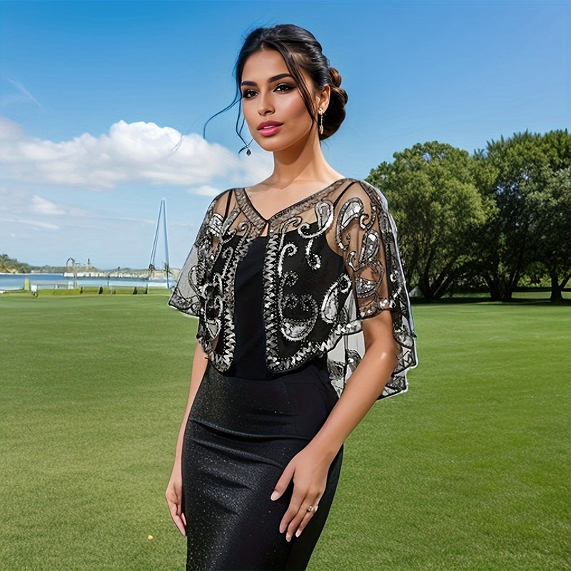 Xale Vintage com Paetês e Renda Bordada – Estilo Anos 1920 para Brilhar em Festas e Eventos Especiais
