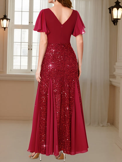 Vestido Longo Elegância com Paetês Roxos, Mangas com Babados e Decote em V