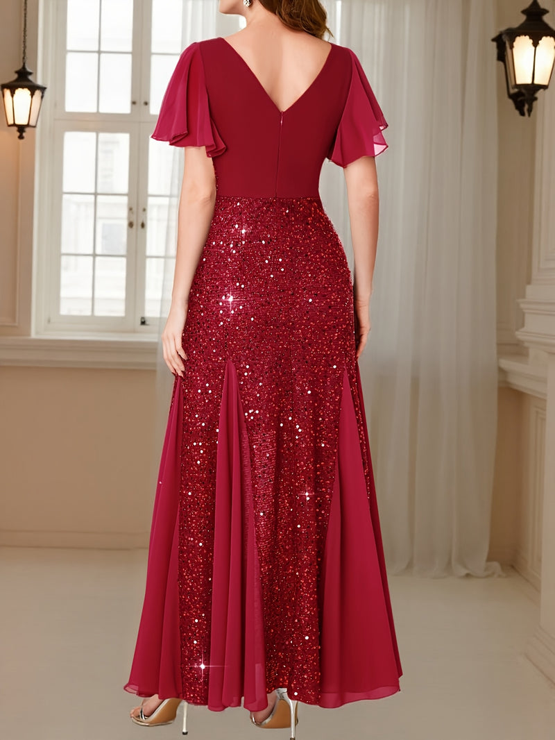 Vestido Longo Elegância com Paetês Roxos, Mangas com Babados e Decote em V