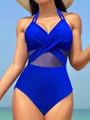 "Maiô Elegante Feminino - Alta Elasticidade, Cor Sólida, Decote Halter com Design de Costas Cruzadas, Perfeito para Praia e Piscina."