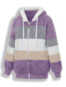 Casaco Feminino Peluciado com Capuz – Azul e Bege em Blocos de Cor