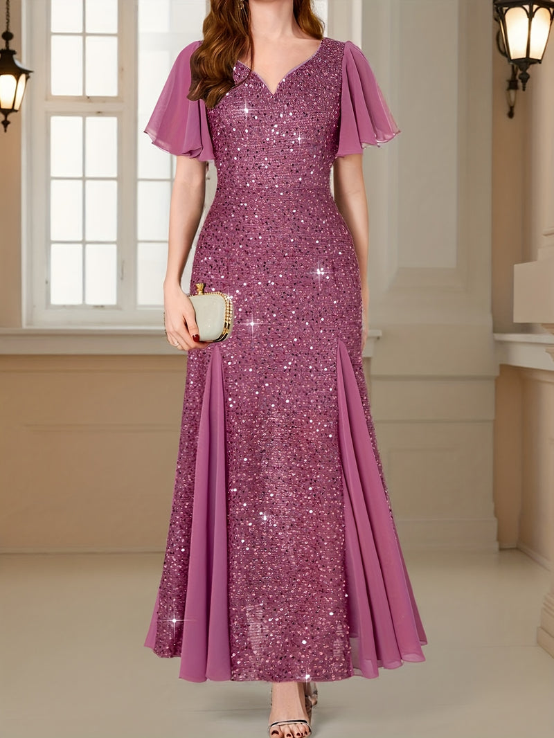 Vestido Longo Elegância com Paetês Roxos, Mangas com Babados e Decote em V