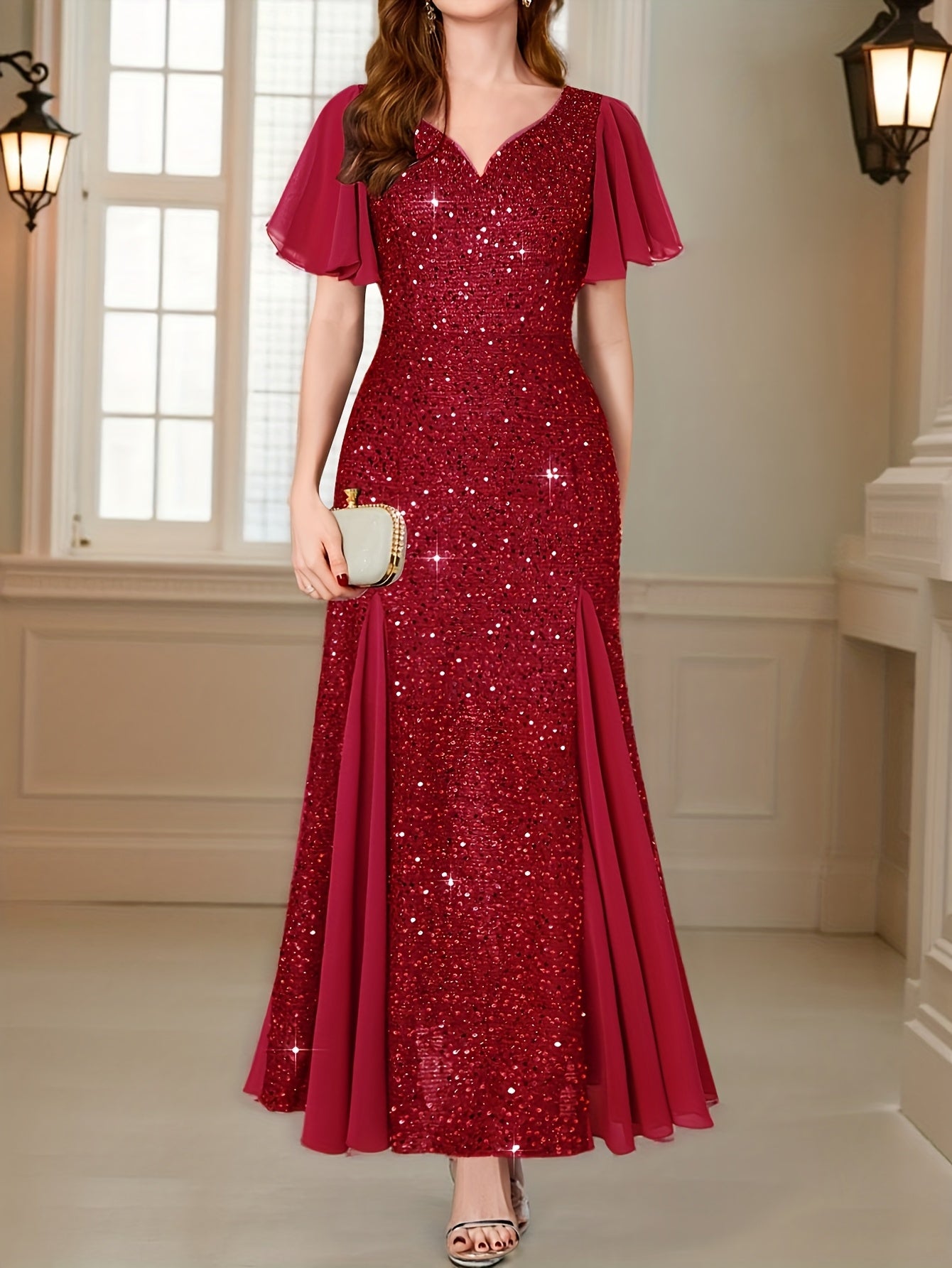 Vestido Longo Elegância com Paetês Roxos, Mangas com Babados e Decote em V