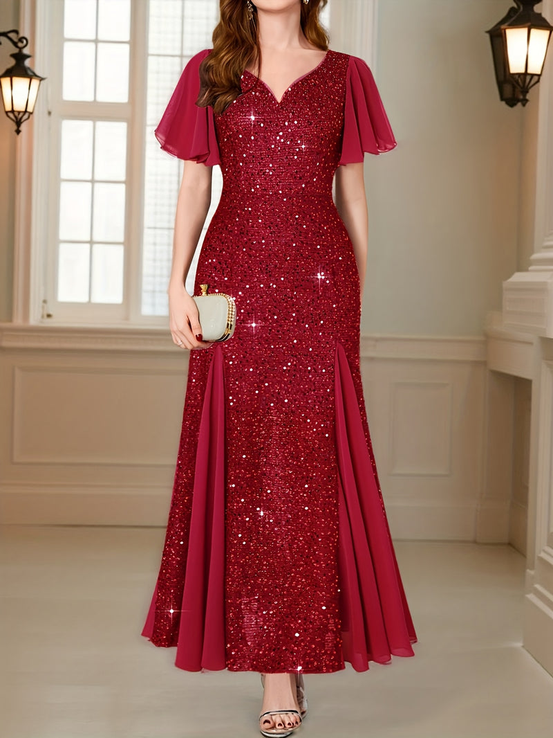Vestido Longo Elegância com Paetês Roxos, Mangas com Babados e Decote em V