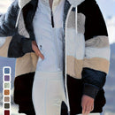 Casaco Feminino Peluciado com Capuz – Azul e Bege em Blocos de Cor