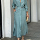 Vestido Feminino com Decote em V, Fenda e Bolsos – Elegância e Conforto para a Meia-Estação