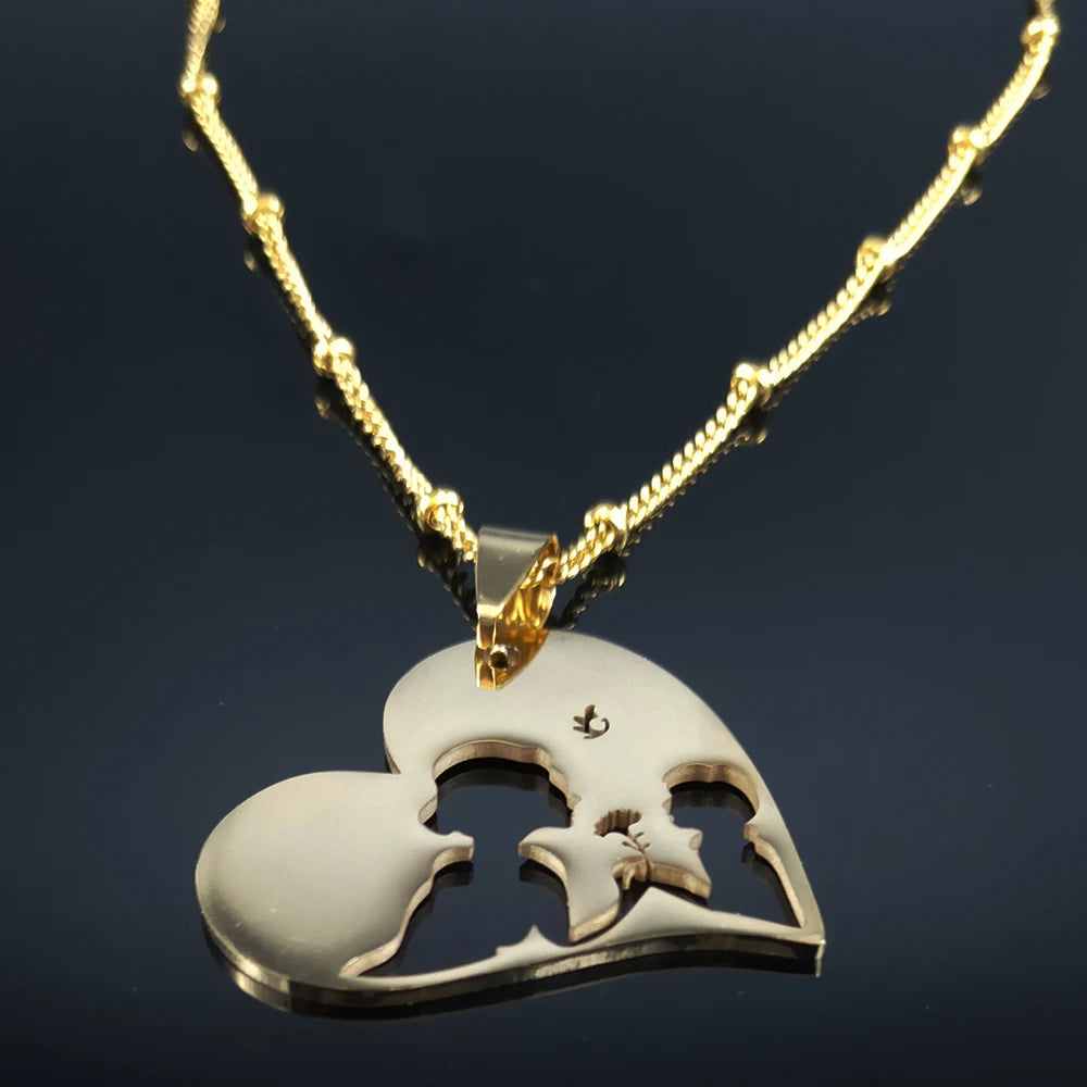 Colar feminino em aço inoxidável com pingente de coração para mãe e bebê.