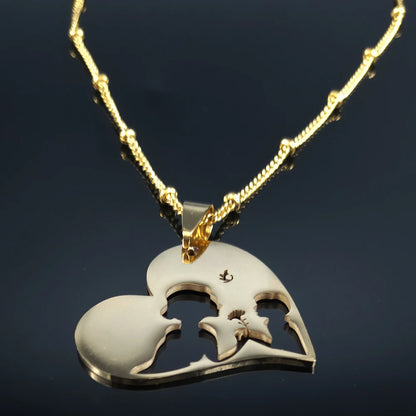 Colar feminino em aço inoxidável com pingente de coração para mãe e bebê.