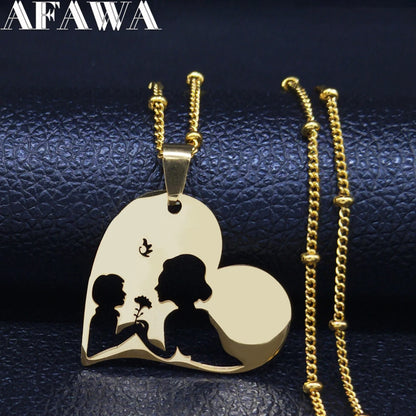 Colar feminino em aço inoxidável com pingente de coração para mãe e bebê.