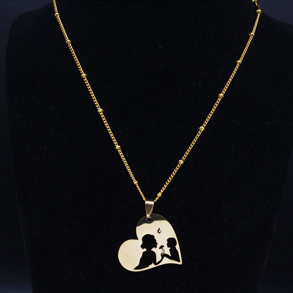Colar feminino em aço inoxidável com pingente de coração para mãe e bebê.