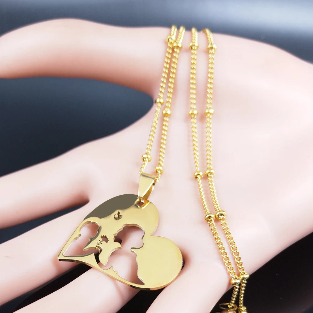 Colar feminino em aço inoxidável com pingente de coração para mãe e bebê.
