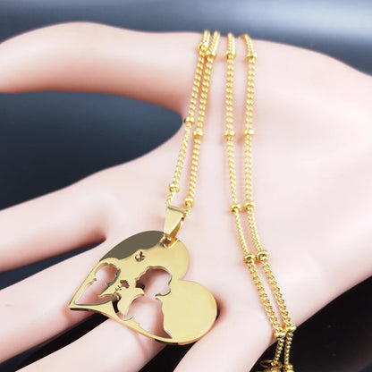 Colar feminino em aço inoxidável com pingente de coração para mãe e bebê.