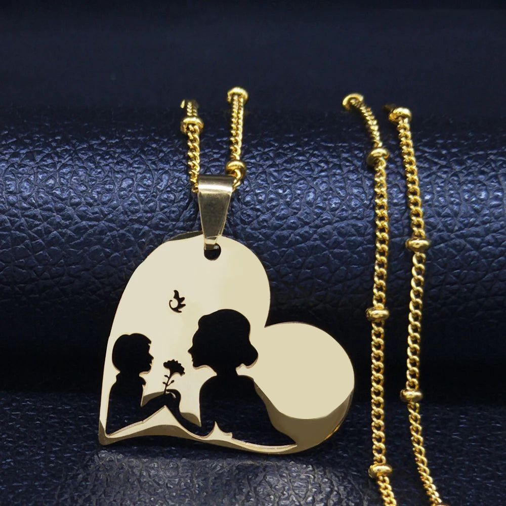 Colar feminino em aço inoxidável com pingente de coração para mãe e bebê.