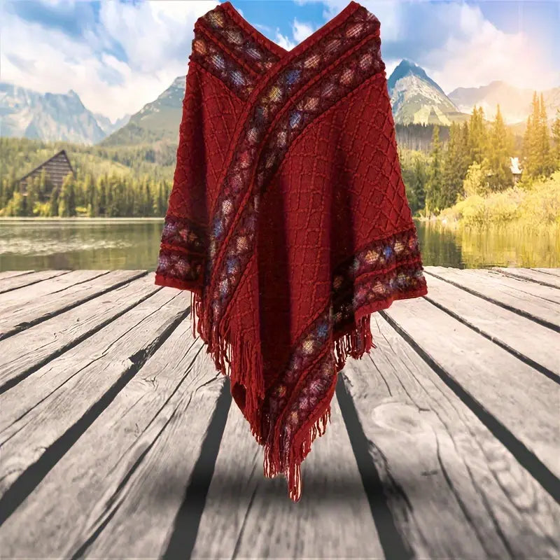 Poncho Indiano com Franjas – Malha Irregular e Decote V