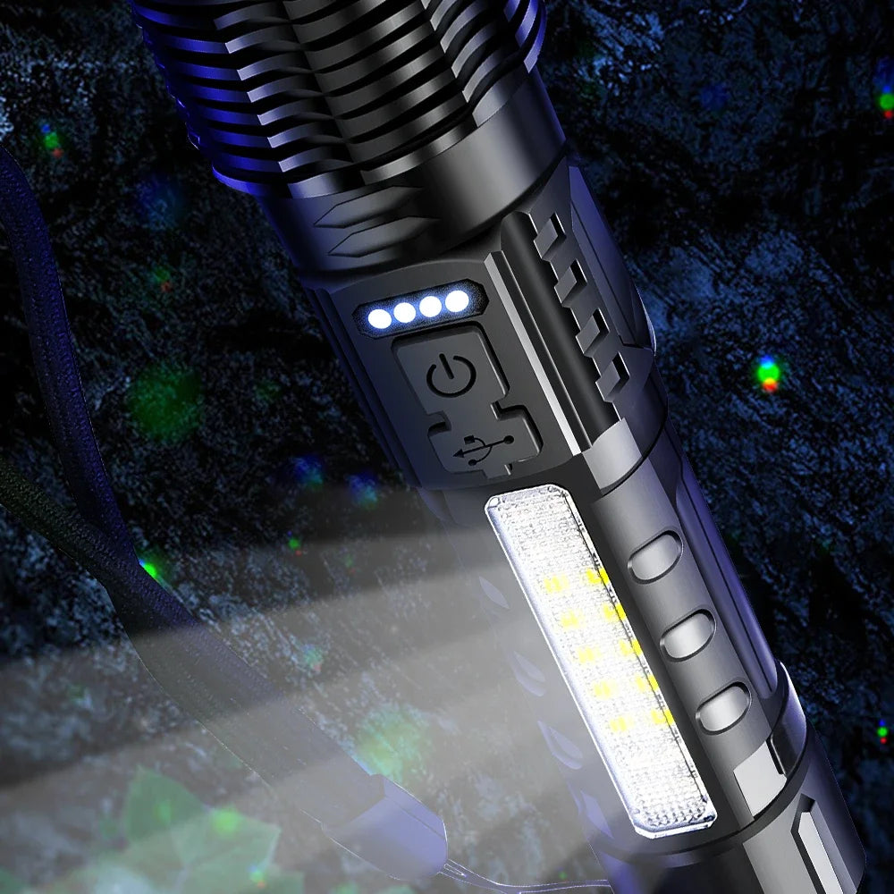 Lanternas LED de alta potência forte, luz tática, holofotes de emergência, Jetbeam1 km 18650 bateria embutida, 24W, 50000000.