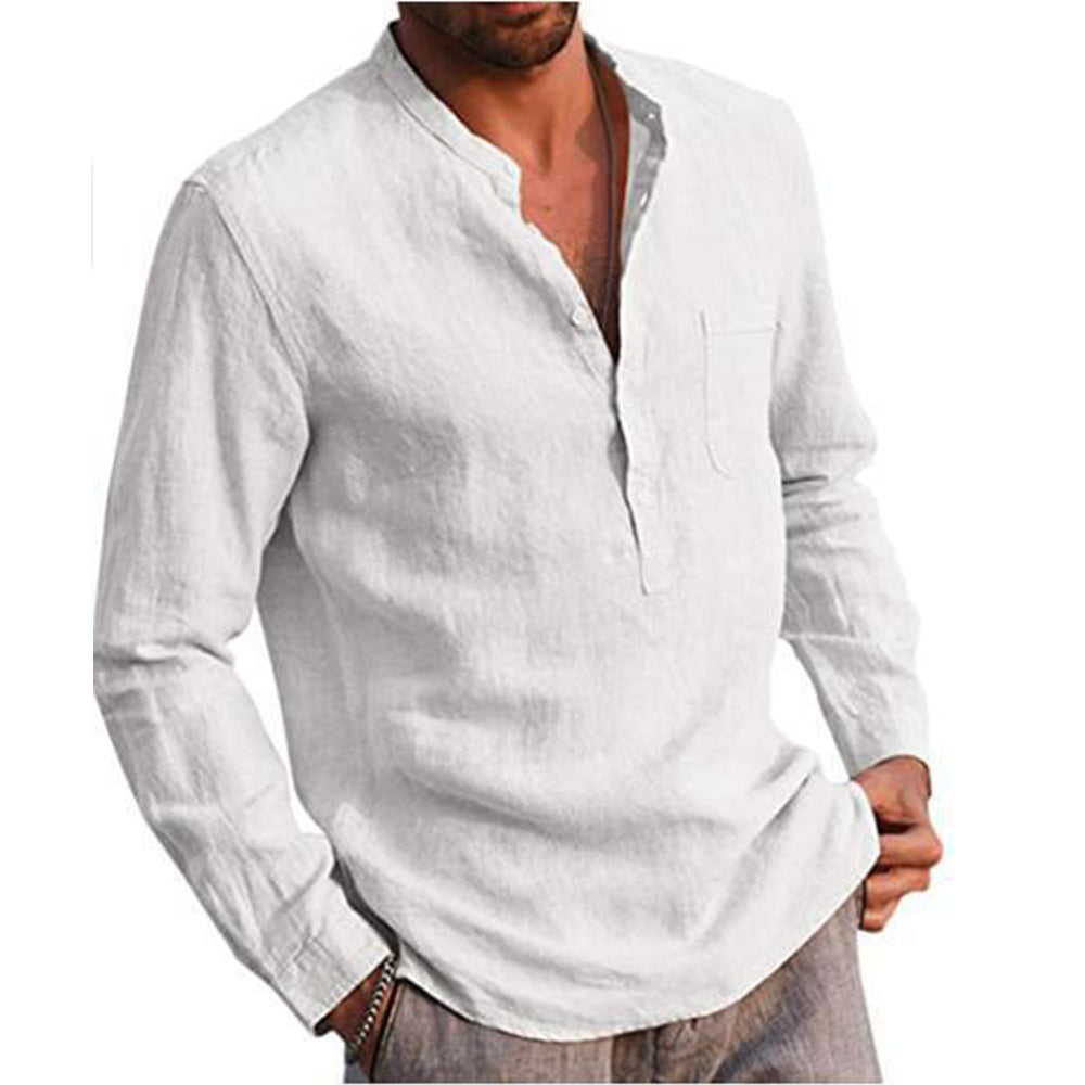 Camisas masculinas de manga comprida de algodão e linho gola alta.