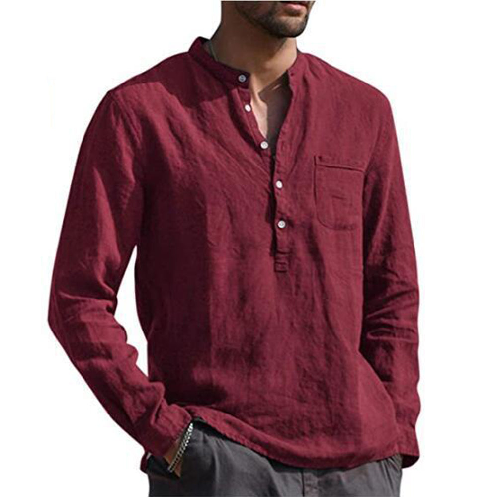 Camisas masculinas de manga comprida de algodão e linho gola alta.