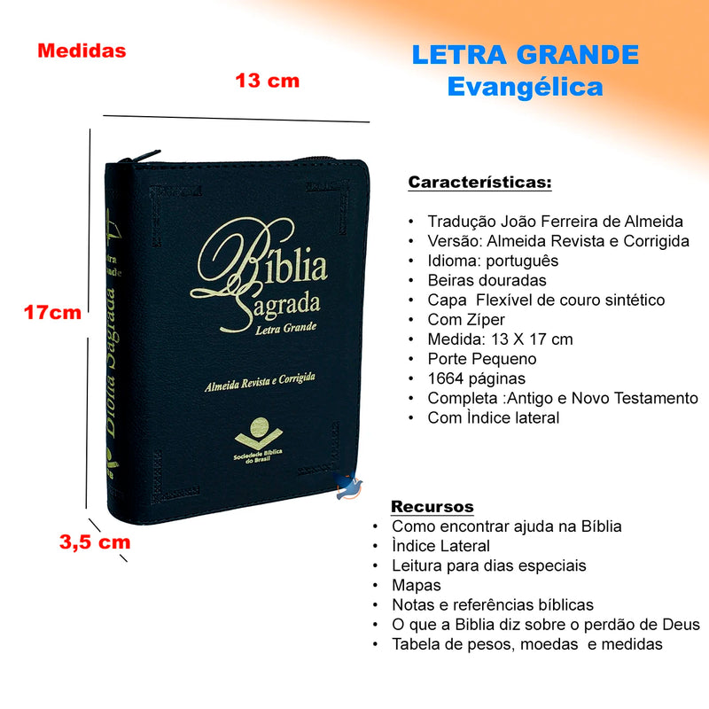 Bíblia Sagrada LG Grande Almeida ARC Zíper Preto.