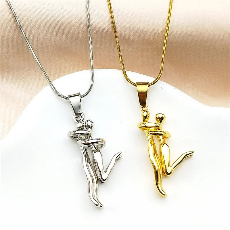 Couple Hugging Pendant Necklace For Women Men Stainless Steel Gold Color Hiphop Sports Love Chain Jewelry Valentine's Day Gift