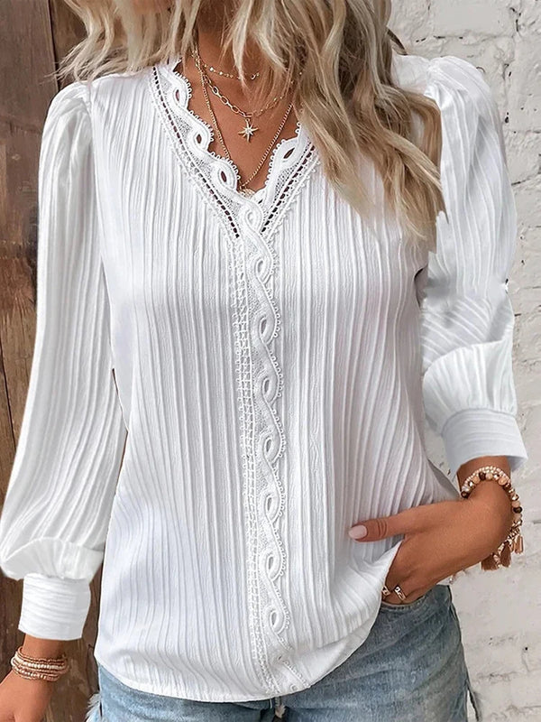 Blusa Elegante de Chiffon Com Renda e Manga Lanterna - Decote em V.